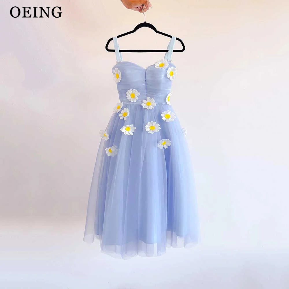 

OEING Baby Blue A-Line Prom Dresses 3D Daisy Flower Tulle Tea Length Fairy Evening Dress Summer Party Gown Vestidos De Gala