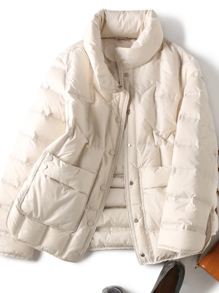 

Winter Women 90% Duck Down Fit Coat Casual Light Feather Jacket Single Breasted Warm Parker Solid Color Outwear