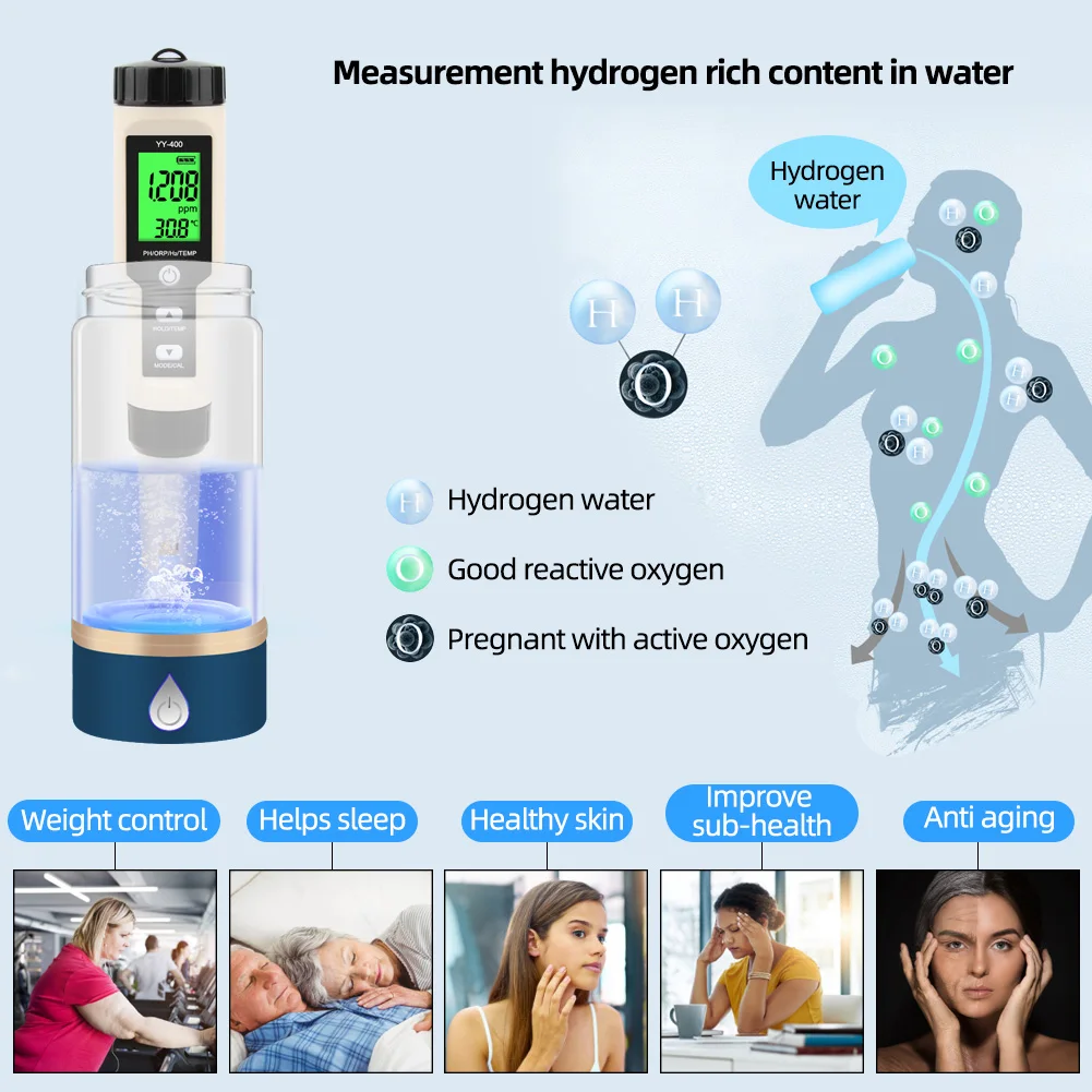 Yieryi Hydrogen Water Tester Monitor 4 in 1 H2 PH ORP TEMP Meter Reactive Oxygen Analyzer ATC 0-2400PPb for Aquariums Pools Spa — view 2
