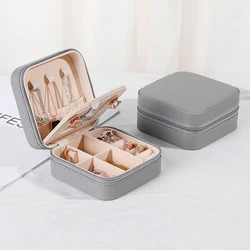 Portable PU Leather Travel Jewelry Case with Mirror and Zippered Organizer (Gray)
