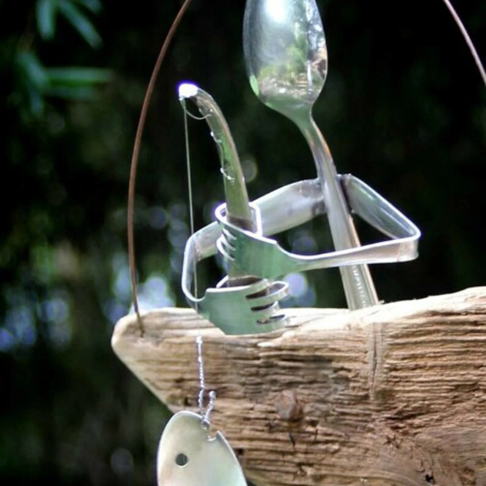 Hot Fishing Man Spoon Fish Sculptures Wind Chime Indoor Outdoor