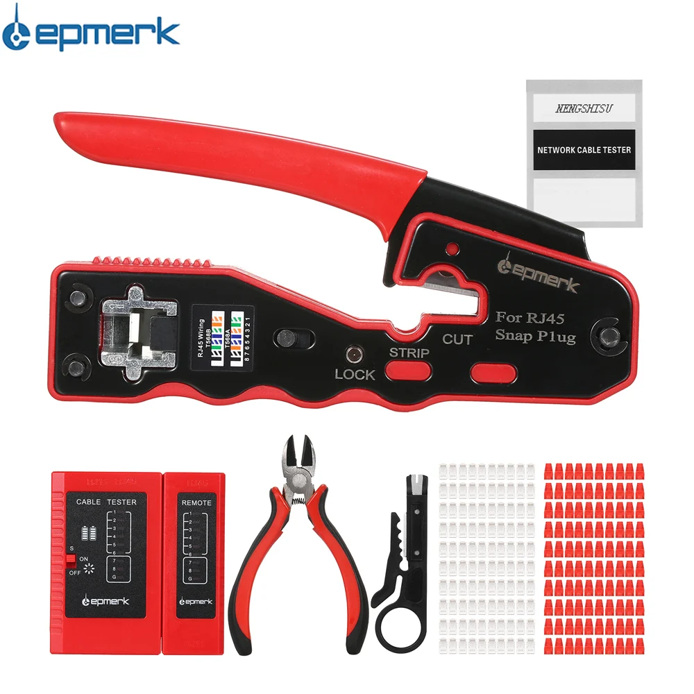 

RJ45 Crimp Tool Kit All in One Pass Through Crimping Tool for Cat5e Cat6 Cat6a Pass Through Connector with 100Pcs Connectors