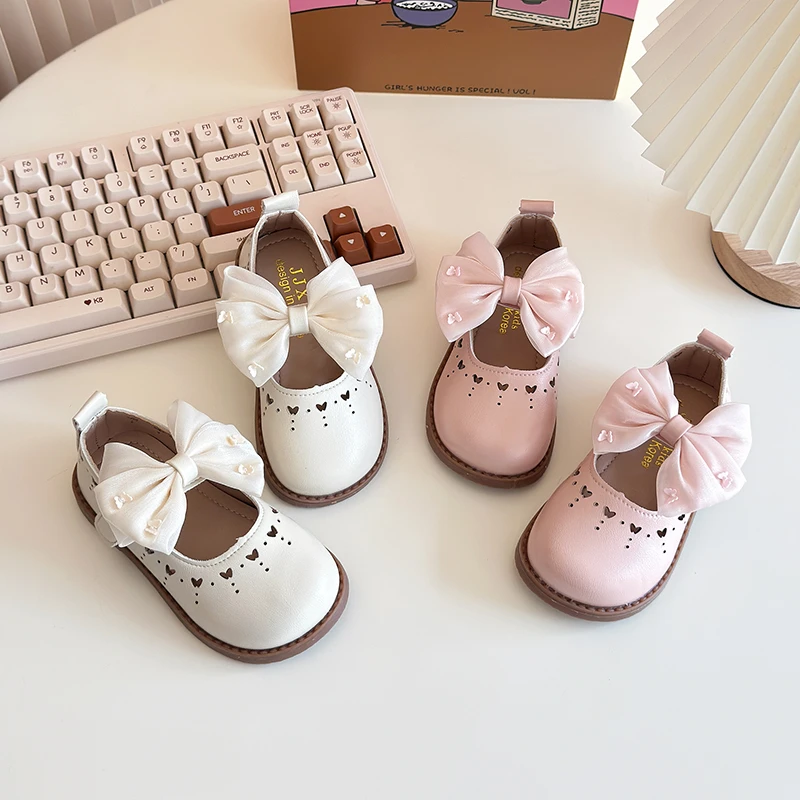 Little Girl's Leather Shoes Cut-outs Bowtie Pu Leather Shallow Kids Mary Janes Round Toe Children Shoes 21-30