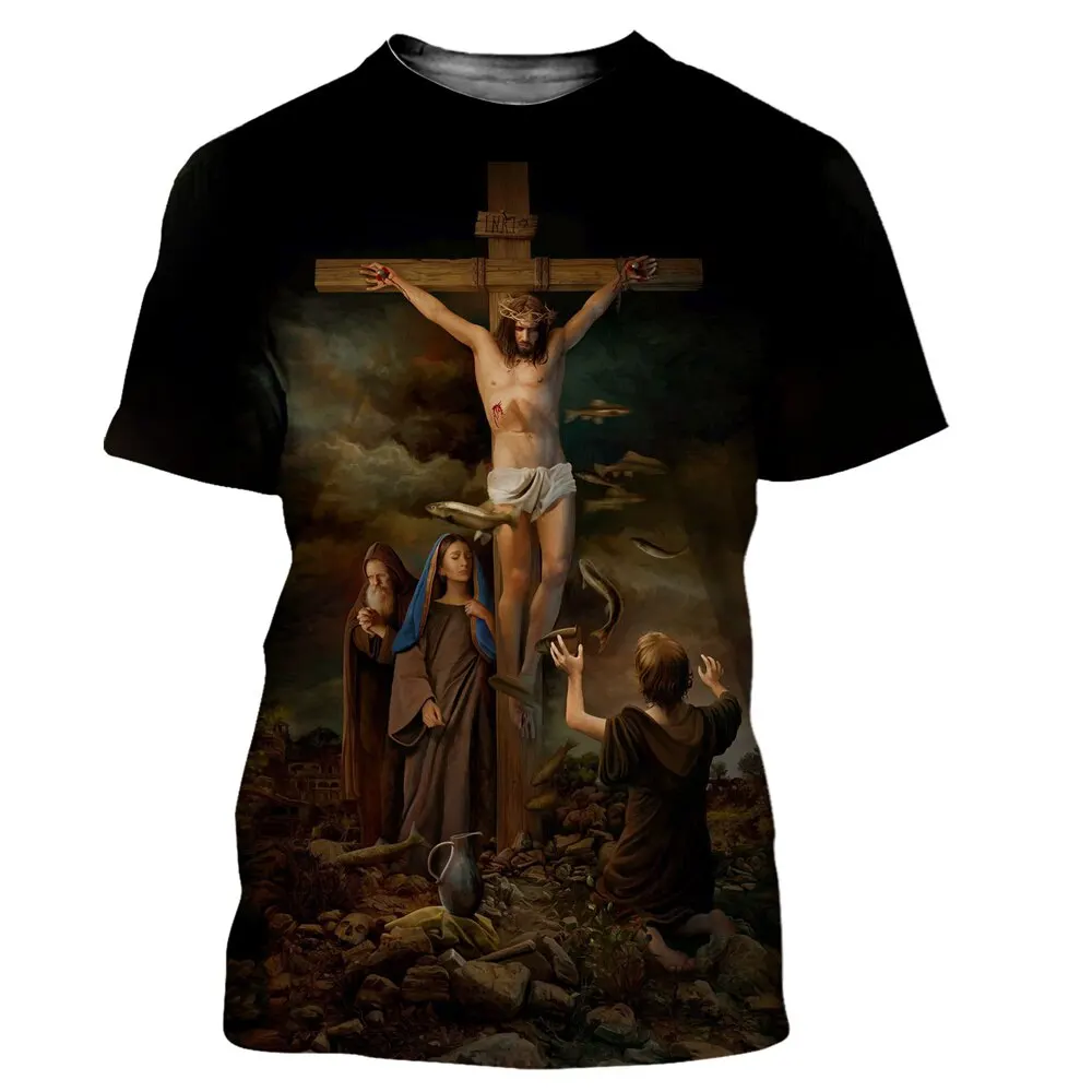 

Summer Jesus Christian Catholic Cross Men's T-shirts Cool Polyester O Collar Casual Short Sleeve Tees Oversized T Shirt For Men
