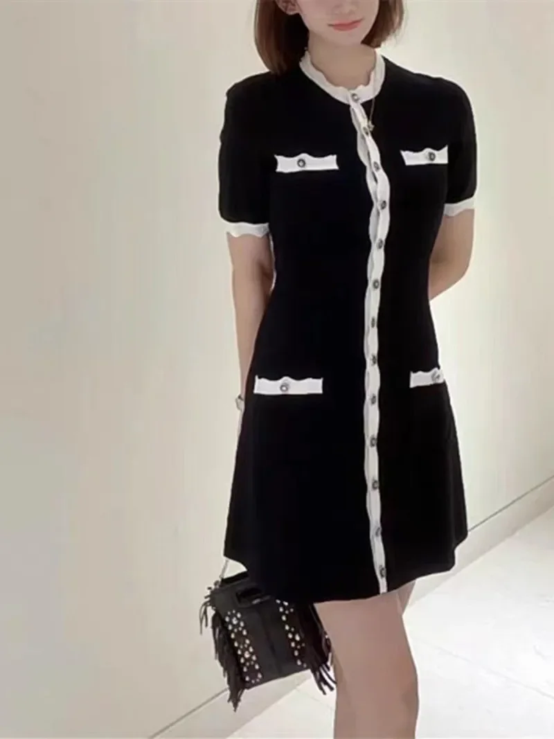 

Женское облегающее платье с коротким рукавом, Элегантное однобортное контрастное платье в стиле пэчворк с волнистыми вставками, лето 2024