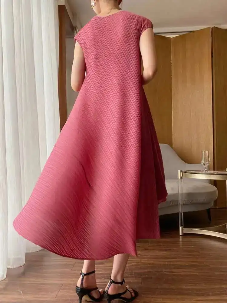 LANMREM Irregular Pleated Dress Women Fashion Tide 2025 Summer New Solid Color Round Neck Short Sleeve Elegant Long Dress 2DE677 - Image 2