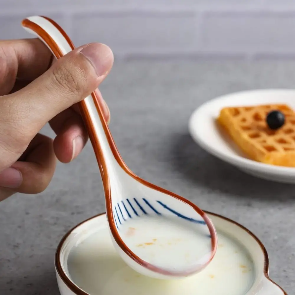 Soup Spoon Japanese Exquisite Blue Pattern Ceramic Soup Spoon Long Handle Spoon Noodle Soup Dumpling Wonton Rice Tableware
