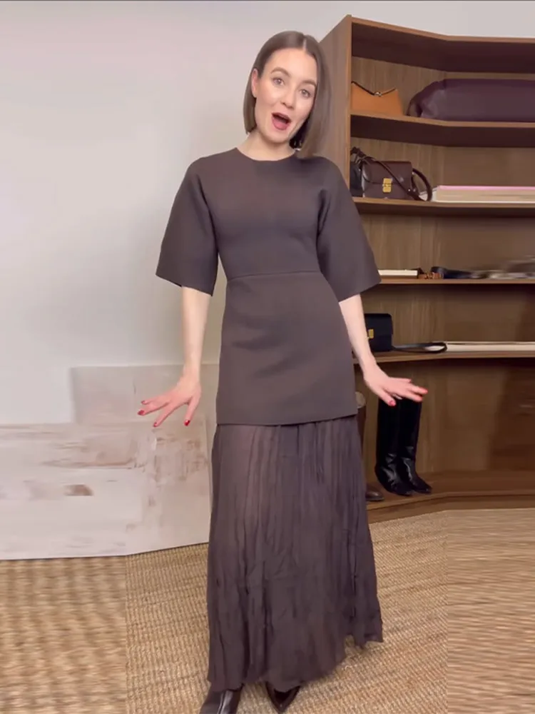 Elegant Patchwork Pleated Long Dress Women Brown O-neck Half Sleeve Slim Dresses Female 2025 Spring Summer Lady High Street Robe 2