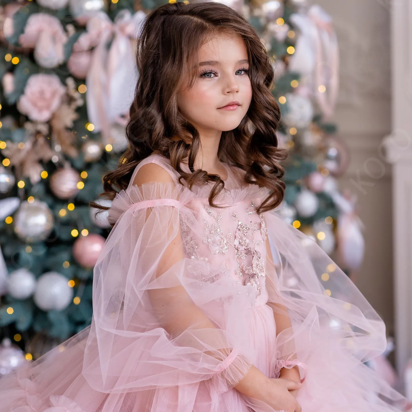 

Elegant Pink Flower Girl Dress Tulle Puffy Beading Applique Knee Length For Wedding Birthday Party Pageant First Communion Gowns