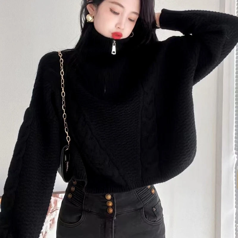 Elegant Women's New Turtleneck Zipper Long-sleeved Sweater Fashion Autumn and Winter Solid Color Retro Pullover Shirt Knitwear