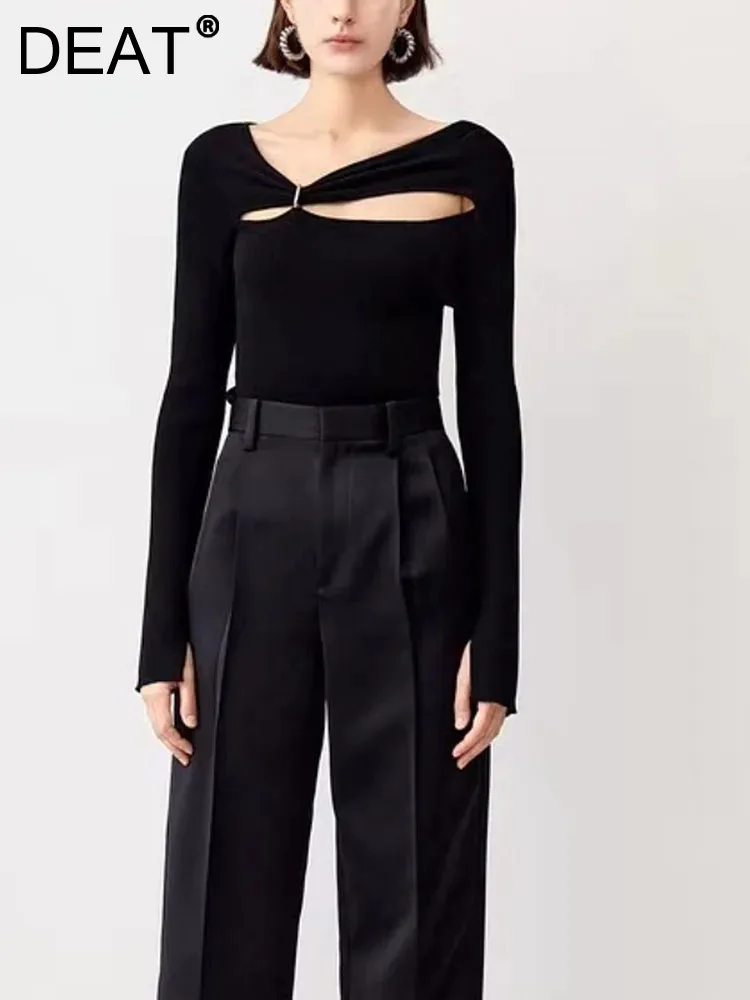 

DEAT Fashion Women's Knitted Pullover Long Sleeve Solid Color Irregular Metal Hollow Out Sweater Spring 2024 New Tide 7AB3136
