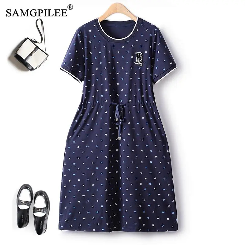 

Повседневные летние женские платья с принтом, эластичное хлопковое элегантное женское платье средней длины с коротким рукавом и круглым вырезом контрастных цветов