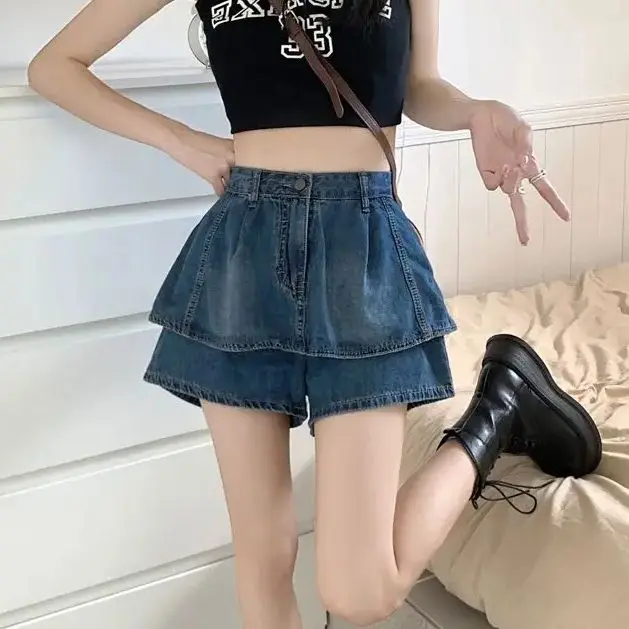 

Denim Shorts Ruffled High Waist Zipper Button Spliced Denim Shorts Fashion Female Clothing 2024 Summer New Loose All-Match