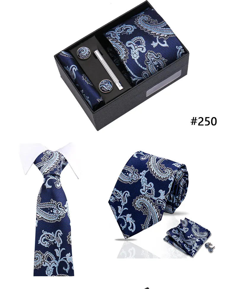 Top Quality Tie Set Gift Box Necktie Pocket Squares Cufflinks Tie-Clip Set With Black Box Men Birthday Gift Gravatas Accessories
