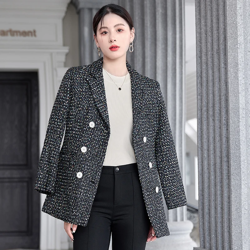 

QoerliN OL Stylish Tweed Blazer Elegant Notched Long Sleeve Slim Double-Breasted Black Jacket Coat Elgant Coat Autumn Winter New