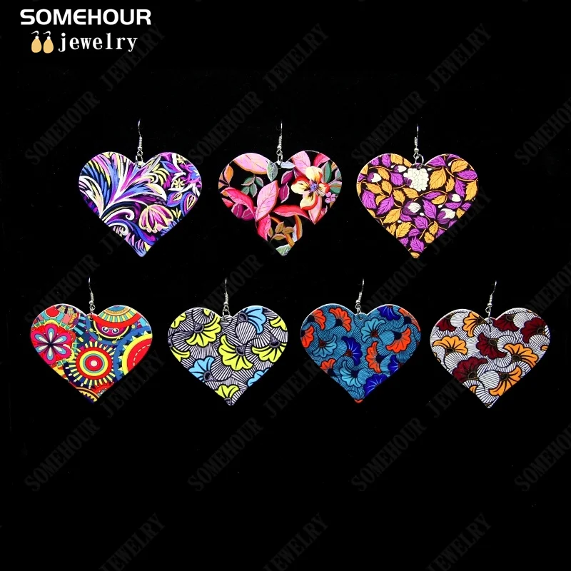 

SOMEHOUR African Ethnic Fabric Print Lovely Heart Wooden Drop Earrings Afro Tribal Art Craft Bohemian Dangle Jewelry For Women