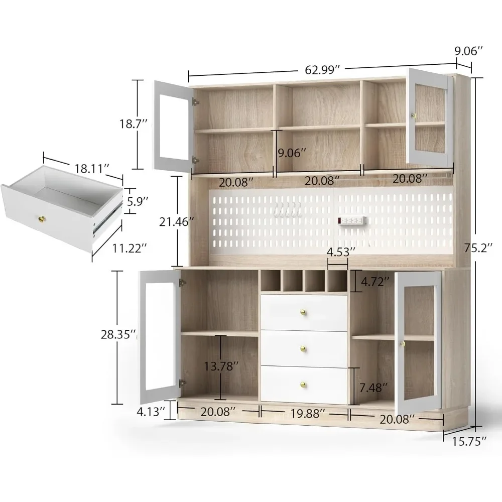 Kitchen Hutch Cabinet, Pantry Cabinet, Power Outlet,Freestanding Buffet Hutch with Pegboard, Cup Holder,  4 Doors & 3 Drawers 6