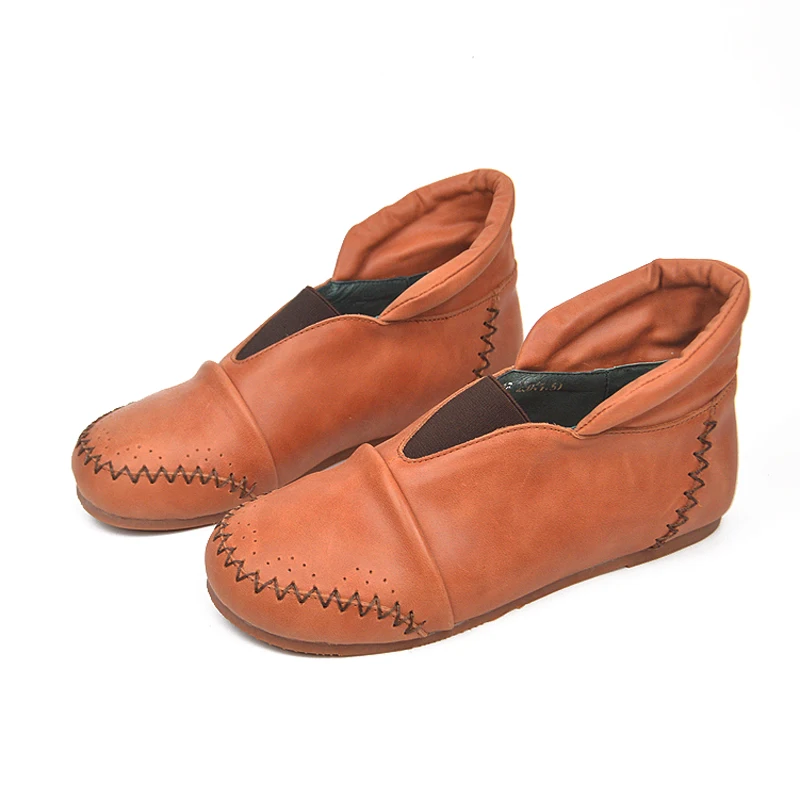

Birkuir Genuine Leather Short Boots For Women Sewing Flats Round Toe Slip On Loafers Luxury Retro Soft Sole Leisure Ladies Shoes