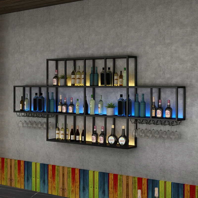Bar Restaurant Bar Counter Wall Wine Cabinet Display Cabinet Against the Wall Luminous Simple Creative Mounted Shelf