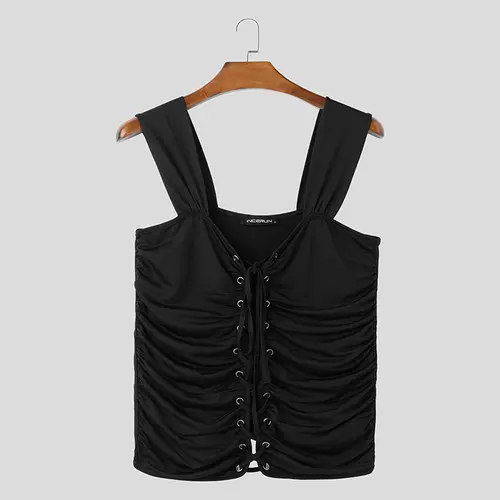 Men Tank Tops Solid Color Pleated Sleeveless Lace Up Hollow Out Streetwear Sexy Male Vests Summer 2025 Fashion Crop Tops INCERUN - Image 7