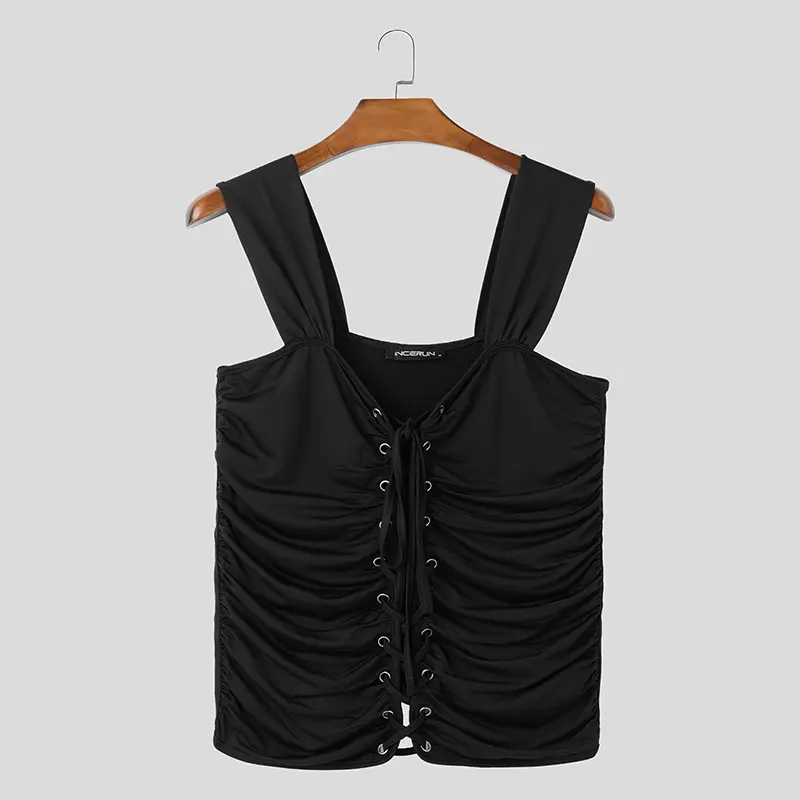 Men Tank Tops Solid Color Pleated Sleeveless Lace Up Hollow Out Streetwear Sexy Male Vests Summer 2025 Fashion Crop Tops INCERUN - Image 7