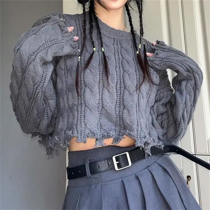 

Autumn Winter Sweater Women Vintage College Style Pullover Loose Short Tops Student O Neck Knitted Broken Hole Jumper Streetwear