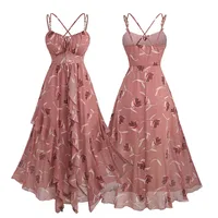 ROSEGAL Plus Size Crisscross Strappy Cami Dress Floral Print Butterfly Buckle Decor Ruffles Women's Summer Dress Light Pink 5XL
