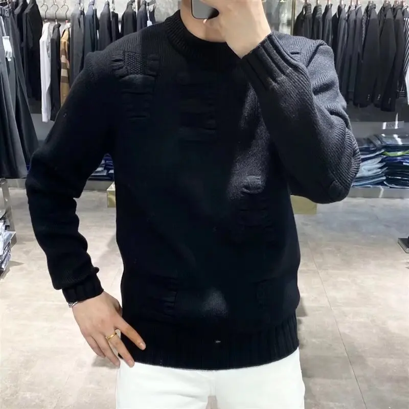 

Men's Clothing Letter Crewneck Knit Sweater Male Round Collar Green Pullovers Korean Fashion Sheap Jumpers Loose Fit Sweat-shirt