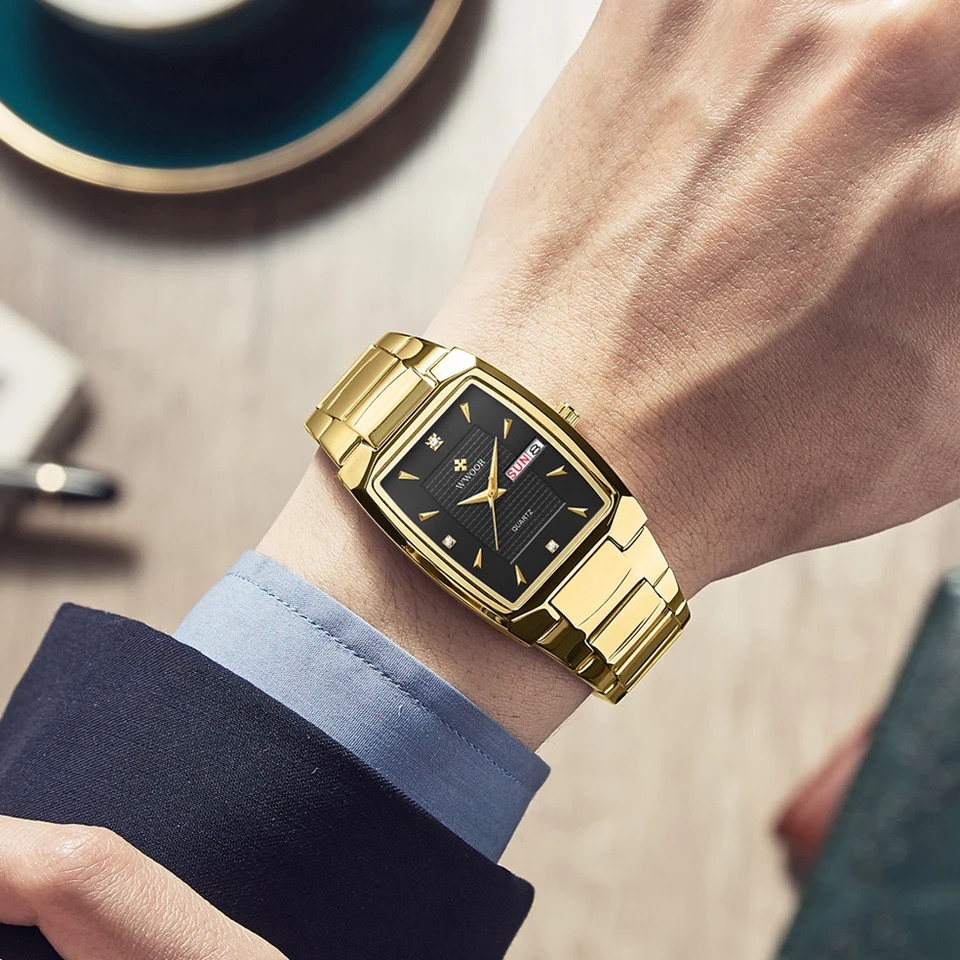 WWOOR Orologio Quadrato Uomo Acciaio Inox - Tutto Oro | Cronografo Quarzo Con Data | Vetro Minerale 41x29 Mm