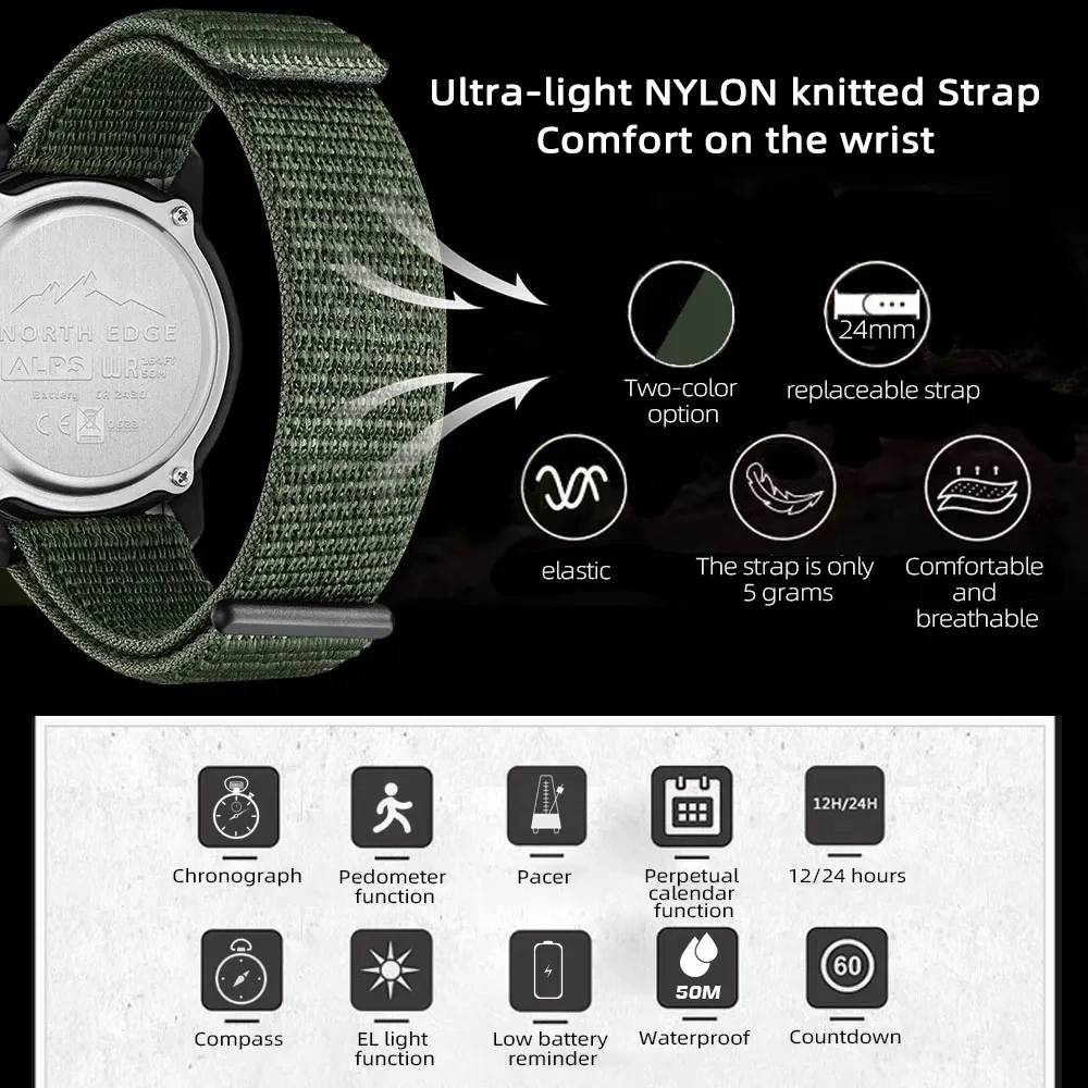 NORTH EDGE Men's Digital Carbon Fiber Watch Shock Militray Sports Super Light Outdoor Fun Compass Waterproof 50m Wristwatches 6