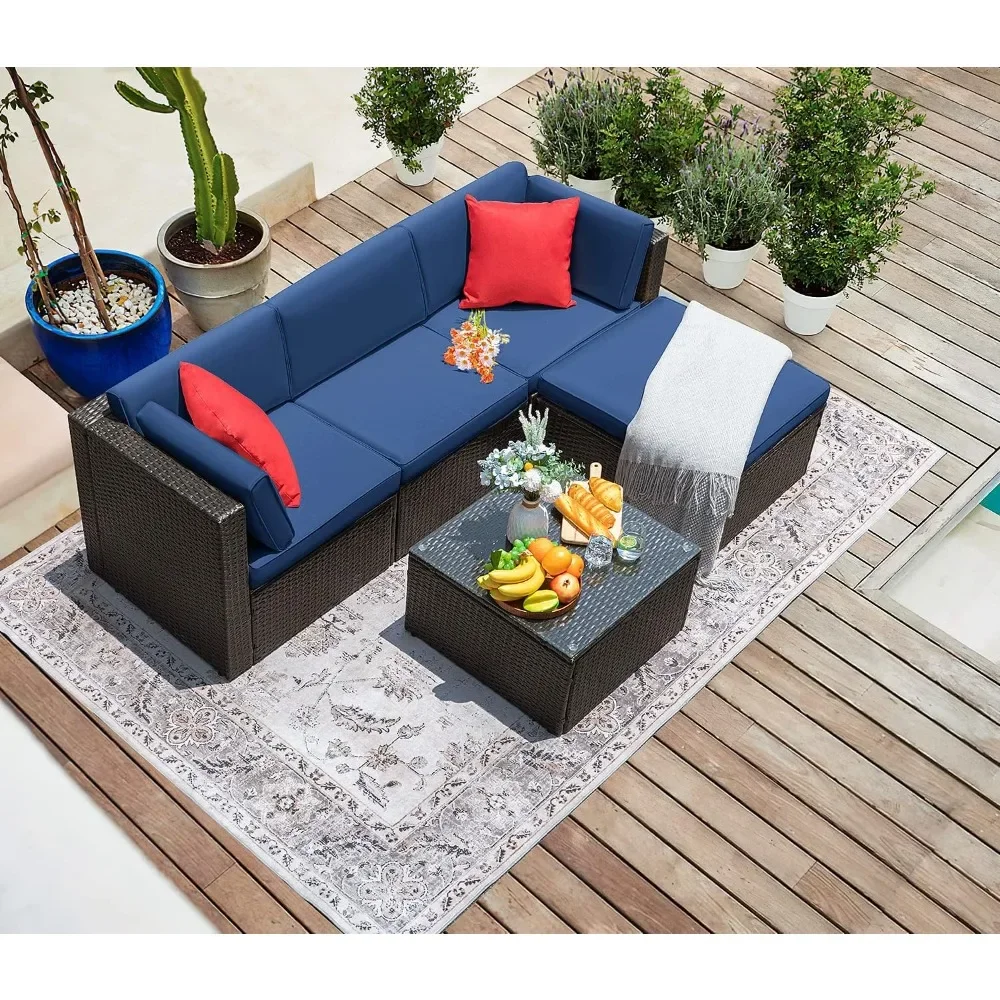 

Outdoor Sofa Set of 5 with Thick Cushions & Tempered Glass Table, Patio Furniture Set 5 Piece Outdoor Wicker Sectional Sofa