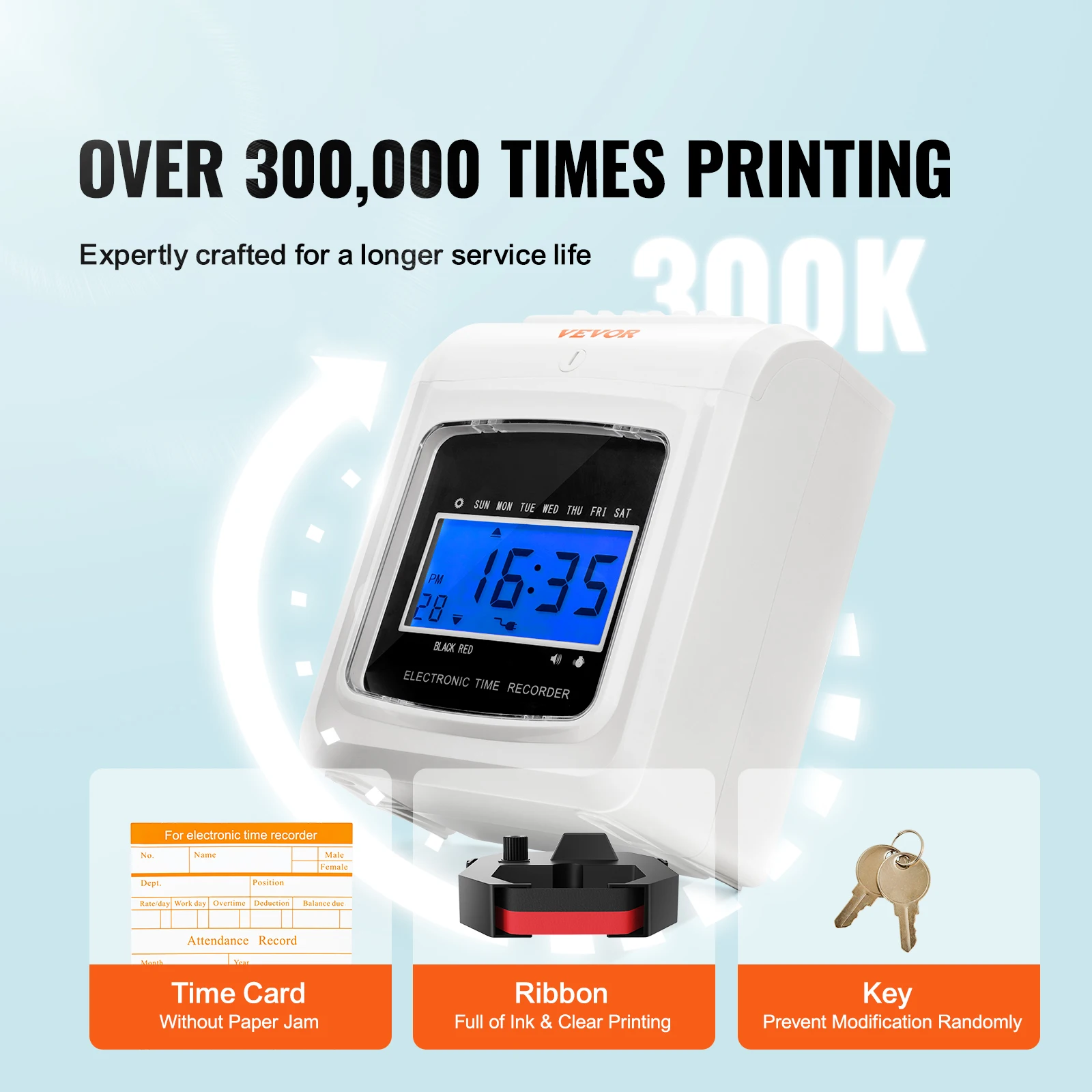 VEVOR Punch Time Clock Employees 6 Punches/Day 102 Cards 1 Ink Ribbon 2 Security Keys Attendance Machine
