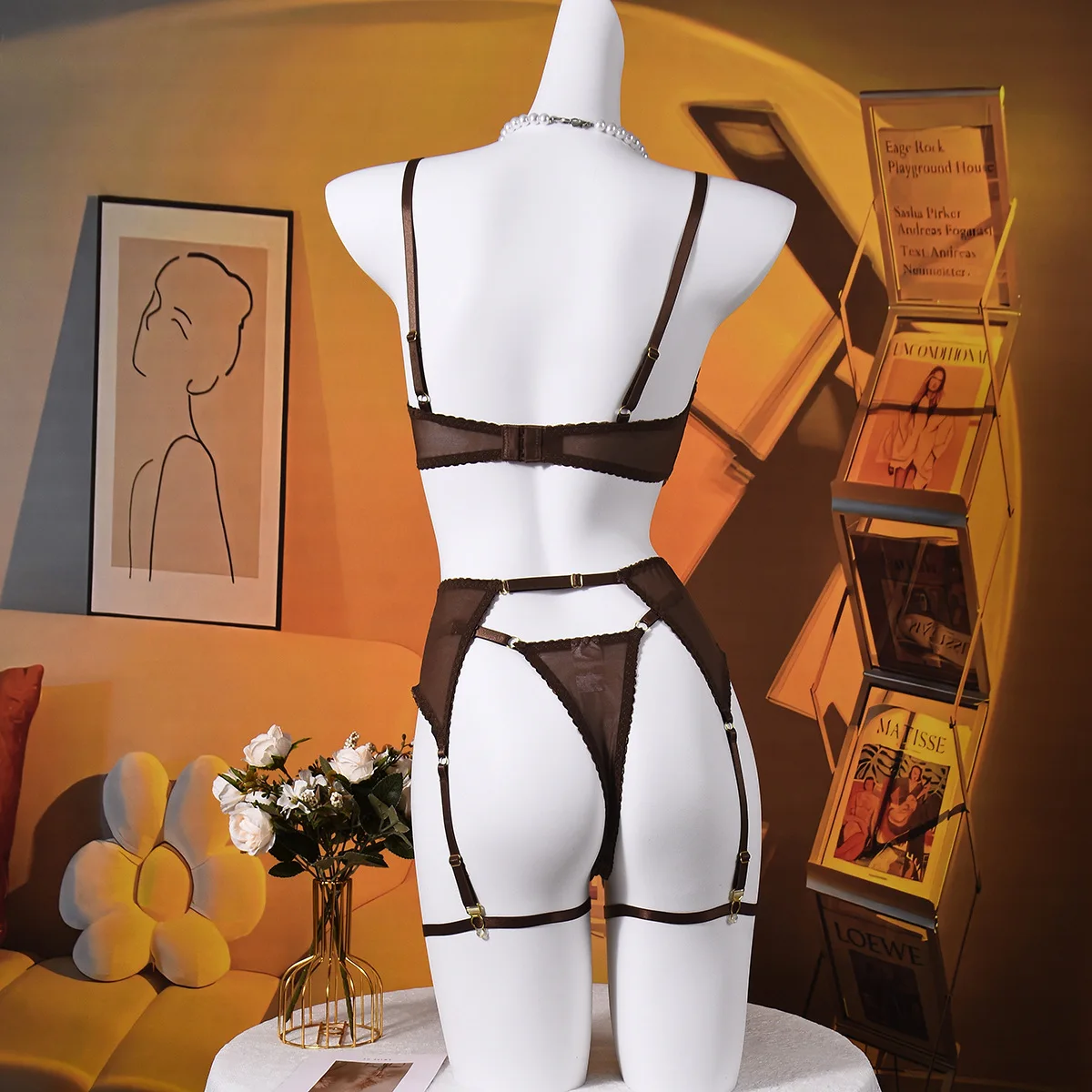 lace embroidery lingerie set back view