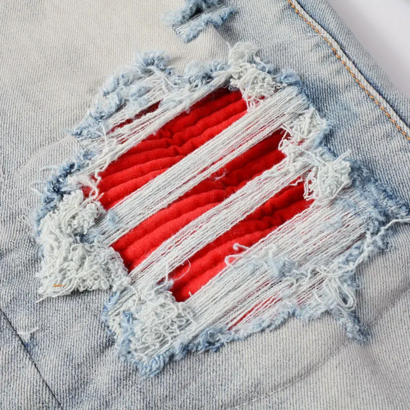 High Street Fashion Men Jeans Retro Blue Stretch Skinny Fit Hole Ripped Jeans Men Patched Designer Elastic Hip Hop Brand Pants