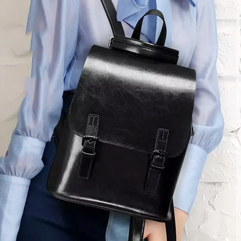 

Women Genuine Leather Backpack Rucksack Meseenger Shoulder Bags Grils School Book Bag Oil Wax Cowhide Female Daypack Knapsack