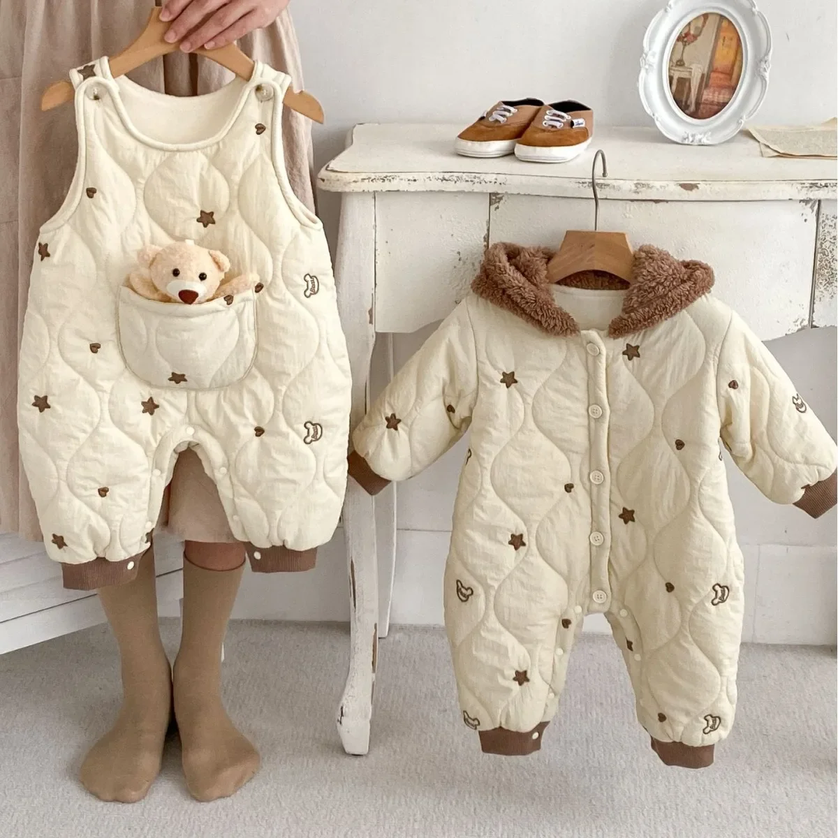 

Ins Korean Winter Infant Kids Girls V-Neck Cotton-Lined Jumpsuits Floral Pattern, Newborn Baby Thick Warm Outwear Romper 0-24M