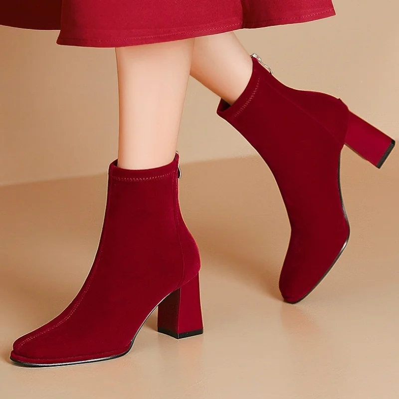 

Autumn and Winter New Red Pointed Suede Thick Heel High Heel Short Boots Elastic Socks and Boots