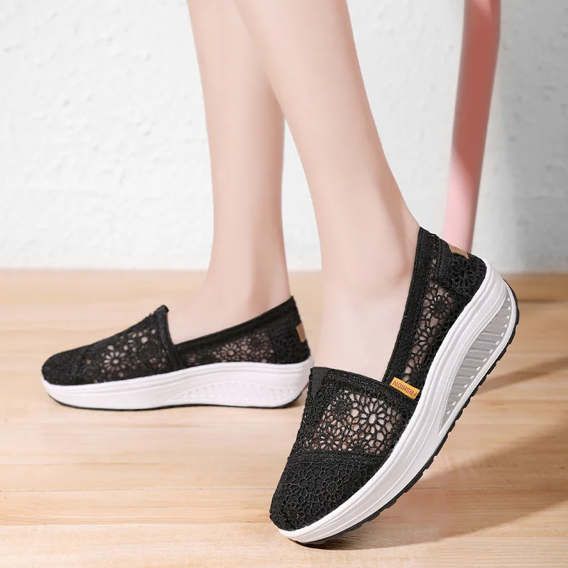 Women Platform Shoes Fashion Sneakers Middle Heels Woman Elegant Sweet Air Mesh Breathable Summer Shoes Casual Light Non-slip