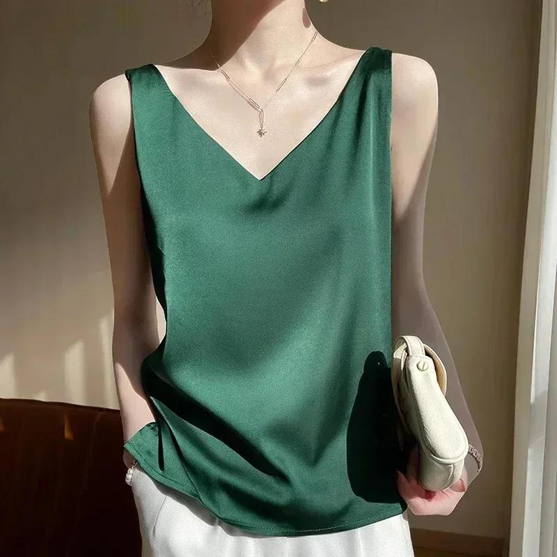 Camiseta Sin Mangas Para Mujer 2025 - Cuello En V, Tejido Tipo Seda/satén, Verano, Básica, Para Leggings O Vaqueros
