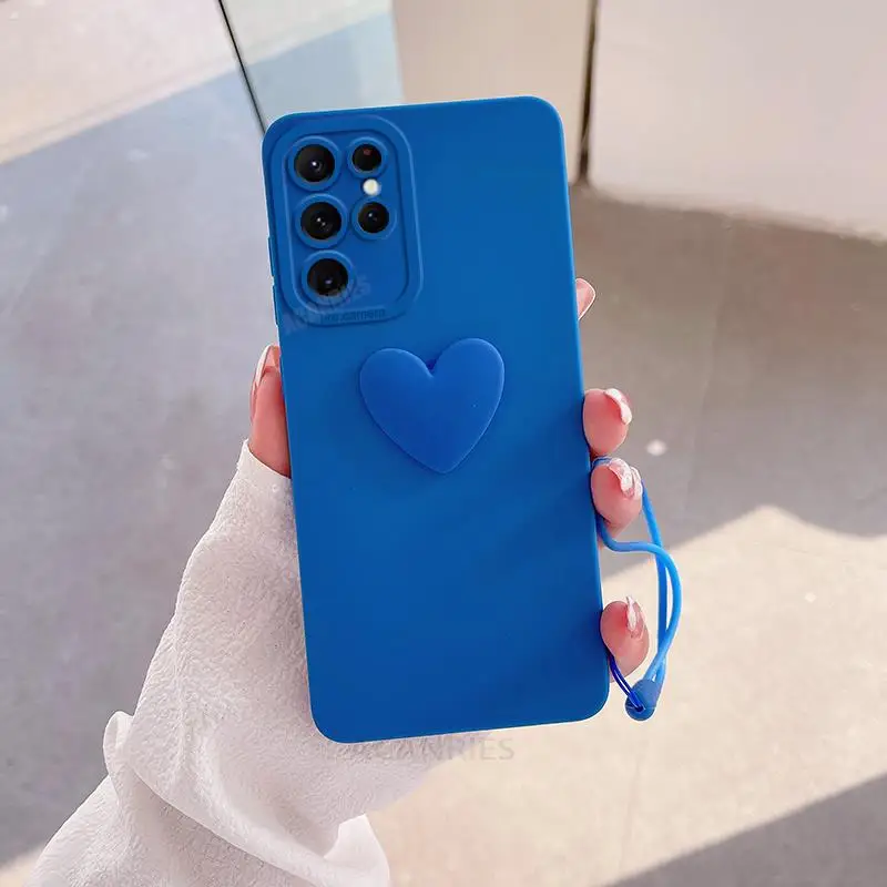 Cute 3D Love Heart Silicone Phone Case with Lanyard Wrist Strap Cover