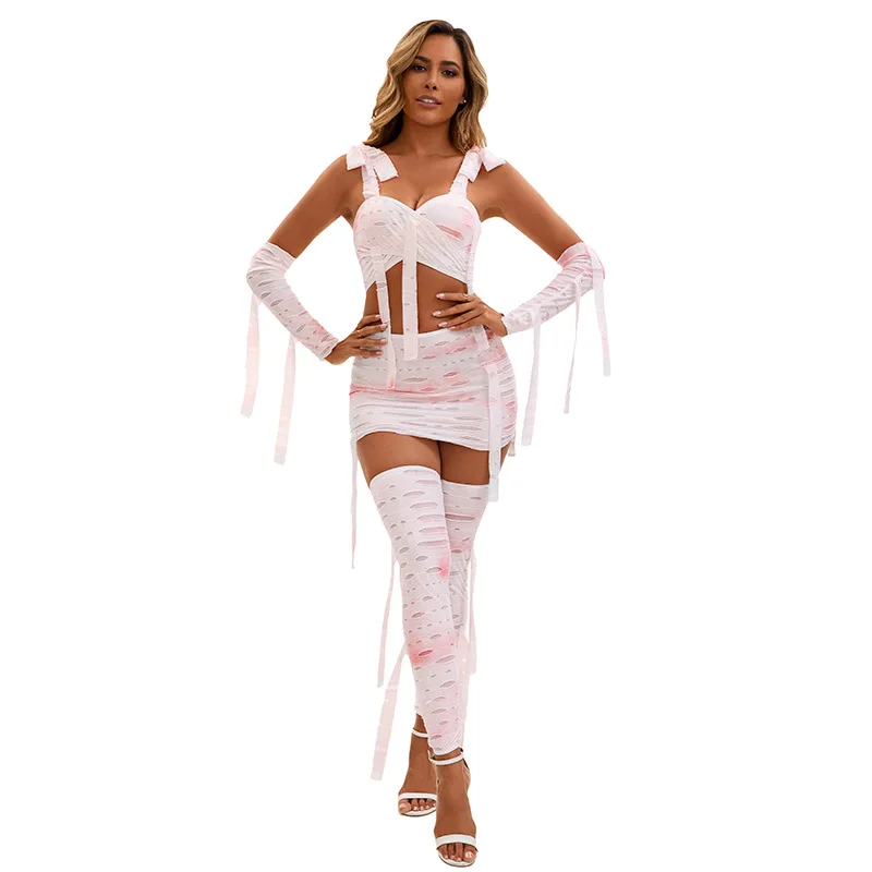 Halloween Women's Cos Bandage Mummy Costume Party Role Play Bloody Vampire Top Skirt Leg Set Stage Performance Costume Suit 2025