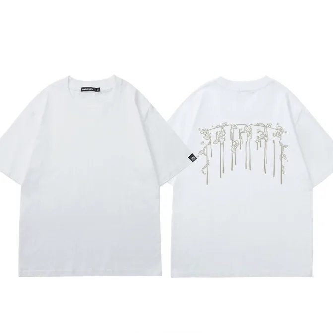 

American retro lettering pure cotton short-sleeved men European and American trendy brand loose printed apricot color T-shirt