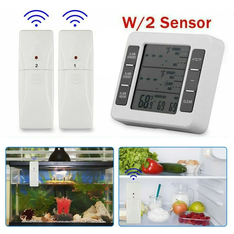 Wireless Digital Refrigerator Thermometer With 2PCS Temperature Sensors For  Fridge & Freezer