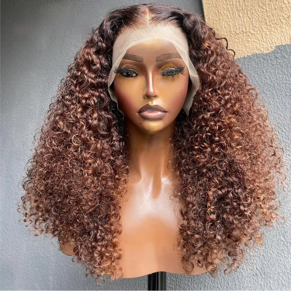 

Soft Glueless Preplucked 26“Long 180%Density Ombre Blonde Brown Kinky Curly Deep Lace Front Wig For Black Women Babyhair Daily