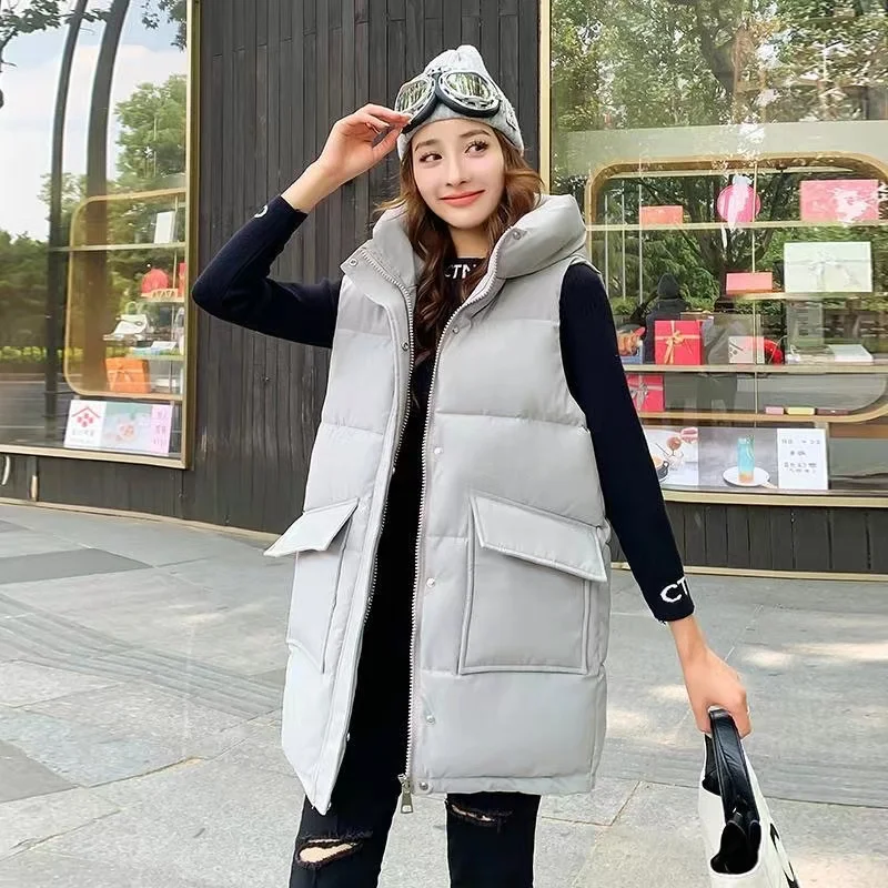 

Women Vest Waistcoat Mid Long Down Cotton Jacket Autumn Winter Loose Bread Jacket Sleeveless Cotton Vest With Pocket Female Coat