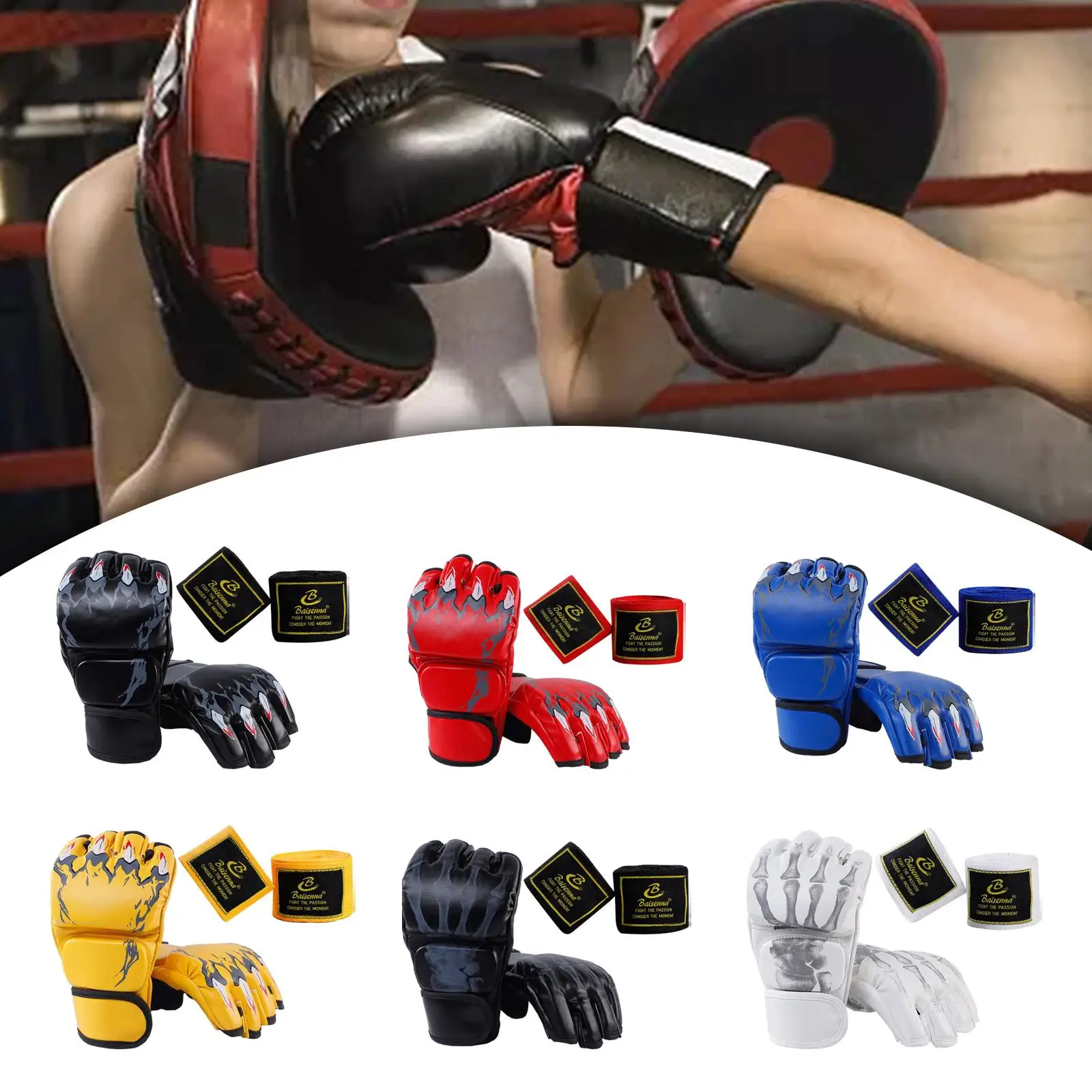 MMA Gloves with Adjustable Wrist Band Mitts Sport Mittens for Men Women Half Finger Boxing Gloves for Punching Bag Martial Arts
