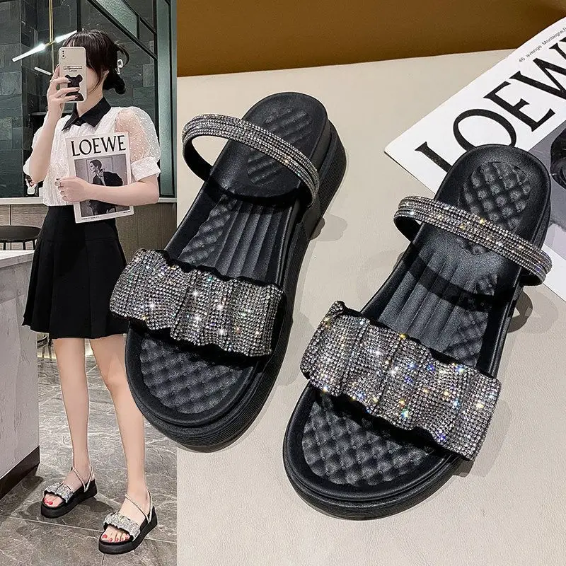 

Two-piece Sandals Women Summer Thick Bottom Rhinestone Muffin Bottom One Word Belt Outside Women's Sandals and Slippers