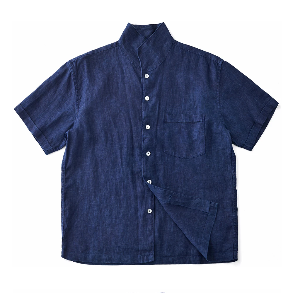

Vintage Indigo Linen Shirt Men Spring Summer New Handmade Blue Dyed Short Sleeve Shirt Retro Casual Intalian Collar Cardigan Top
