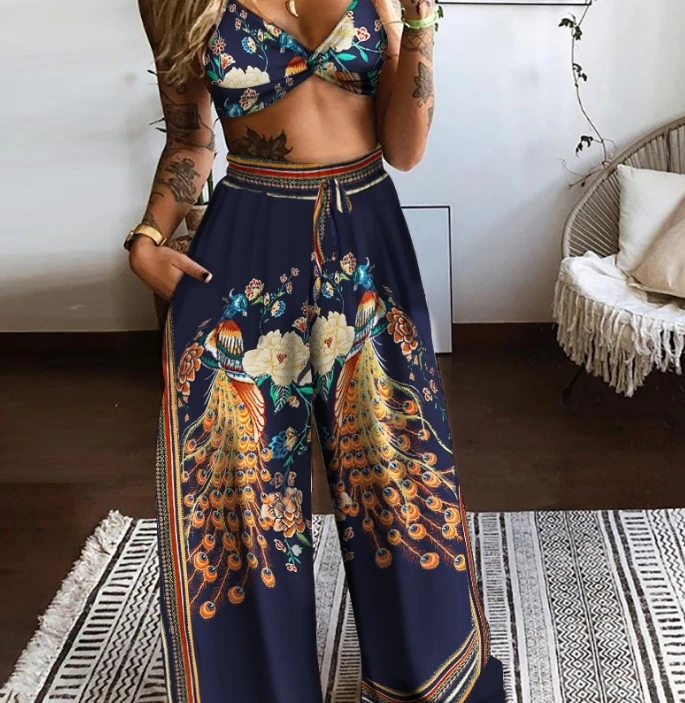 Women Sexy Set 2024 Spring/summer Latest Charming V-Neck Printed Twisted Sleeveless Top Wide Leg Pants Long Pants Two Piece Set