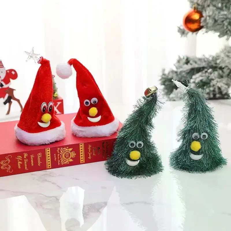 1pc Swing Singing Christmas Tree Hat Happy New Year Electric Glowing Music Plush Cap Funny Toy Gift For Kid Xmas Home Decoration